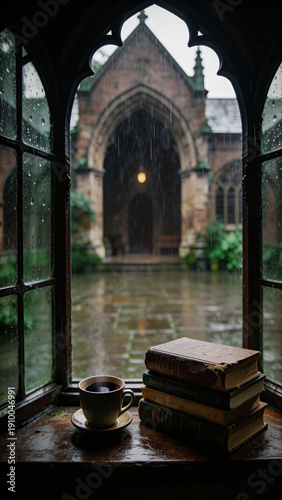 Cozy rainy day view through a gothic window with steaming coffee and old books