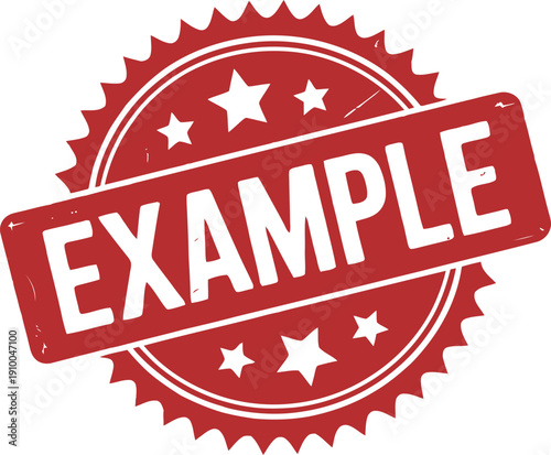A distressed red circular stamp with jagged edges features the word EXAMPLE in white letters
