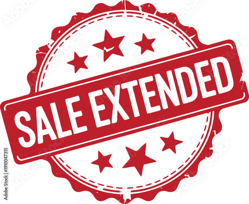Red grunge round stamp with white text SALE EXTENDED featuring stars on a clean white surface