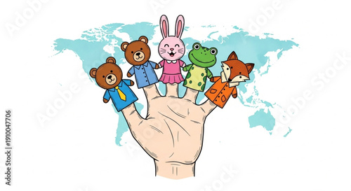 World Puppetry Day Children's finger puppets representing different animals on a hand with a world map in the background, promoting global diversity and imagination