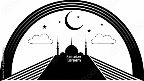 Ramadan Kareem greeting with mosque silhouette under crescent moon