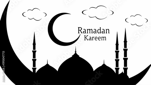 Ramadan Kareem celebration with mosque silhouette and crescent moon
