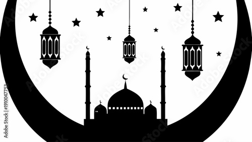 Elegant mosque silhouette with hanging lanterns under starry night sky