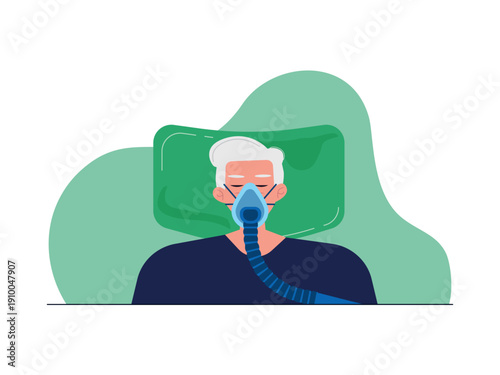 An elderly man wearing a blue oxygen mask connected to a flexible tube. Omicron illustration. Flat vector illustration concept.