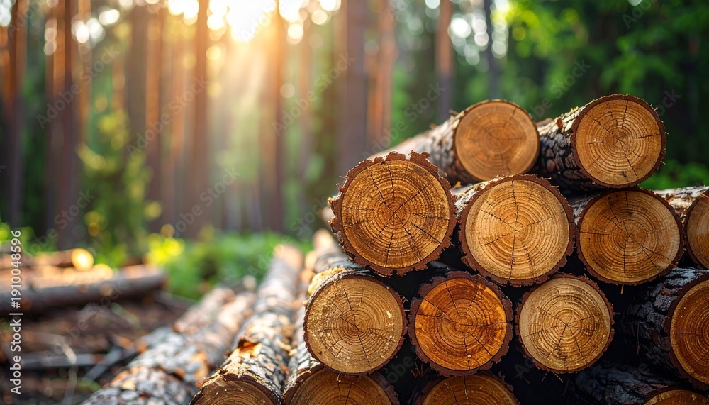 Obraz premium Stack of freshly cut logs in a sun-drenched forest, representing sustainable forestry and natural resources