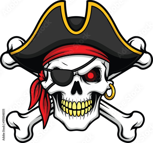 Cartoon Style Pirate Skull and Crossbones Illustration Featuring a Black Tricorn Hat Red Bandana and Eye Patch for Gaming Mascots and Nautical Adventure Graphics (25 words)