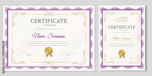 Elegant certificate template in horizontal and vertical formats with a guilloche border, patterned background, and gold printing. Vector, fully editable,  EPS,
