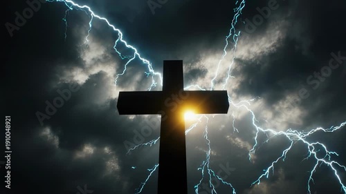 Cross and sunlight as a symbol of the Christian faith and a stormy sky with lightnings as a symbol of mortal life full of trials.