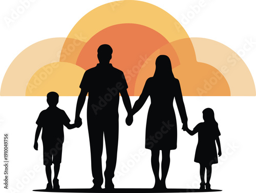 Silhouette of a loving family with two children holding hands against a warm, abstract sunset background.