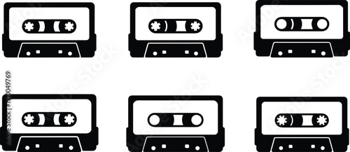 Set of Minimalist black cassette tape retro audio icon silhouette vector icon
