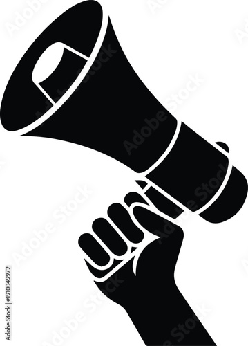 Minimalist black megaphone held high by a hand protest and voice icon silhouette vector