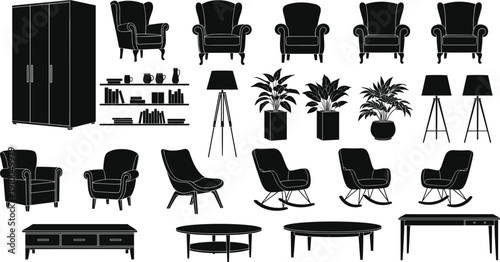 Collection of Furniture Silhouette Icons Including Armchairs Rocking Chairs Wardrobe Tables Floor Lamps and Potted Plants for Interior Design House Layout and Home Decor