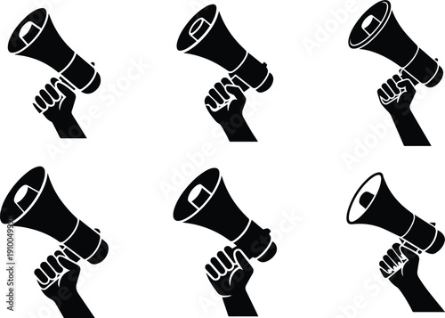 Set of Minimalist black megaphone held high by a hand protest and voice icon silhouette vector