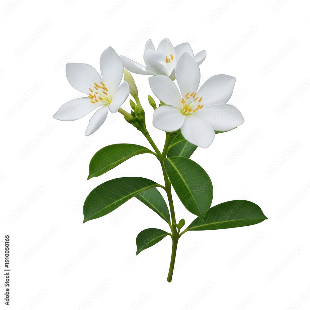 Fototapeta premium A delicate white flowering branch with green leaves against a white background isolated on transparent background