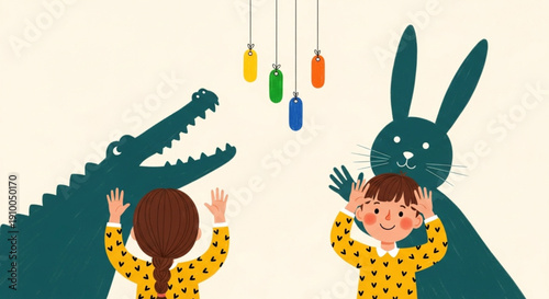 World Puppetry Day Children playing with shadow puppets and colorful hanging lights