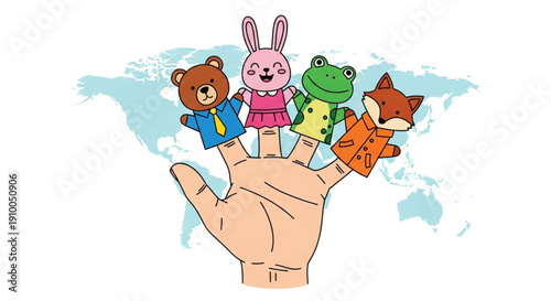 World Puppetry Day a human hand adorned with diverse animal finger puppets, symbolizing global communication, imaginative play, and educational storytelling for children around the world