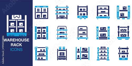 Warehouse Rack icon set. Containing inventory, stockroom, pallet, racking, unit, organizer and more. Solid vector icons collection. Vector illustration.