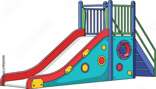 Colorful playground slide equipment vector illustration, kids outdoor play structure, fun park activity, children recreation concept, isolated on white background