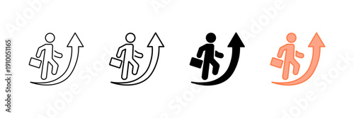 Set of minimalist business progress icons with transparent background, depicting a person climbing an upward arrow, career development, success, and growth, vector illustration