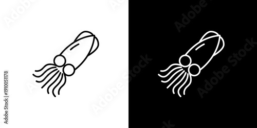 Simple Line Art Icon of a Squid on White and Black Backgrounds, Seafood Emblem
