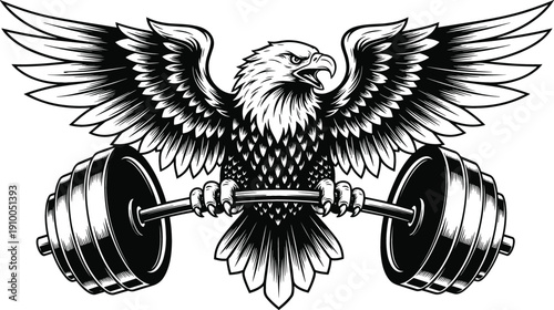 Powerful vector of bald eagle gripping a heavy barbell in talons for gym branding and patriotic fitness apparel
