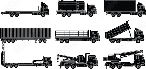 Commercial truck silhouette collection, industrial transport vehicle types flatbed tanker container dump crane vector illustration set for logistics, construction, and freight design