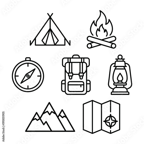 Black silhouette camping icon set with tent mountain sun and travel symbols in vector illustration style