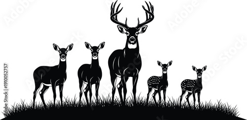 Black silhouette illustration of deer family with stag, doe, and fawns standing on grass, wildlife artwork highlighting nature themes and educational design projects