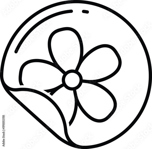 Simple line drawing of a flower inside a teardrop shape on a white background.