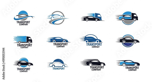 Collection of stylized transport logos and icons representing speed and movement.