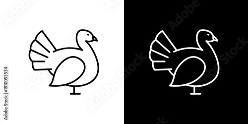 Clean and modern black and white line art icon illustration featuring a stylized turkey bird, perfect as a graphic element or minimalist icon for diverse design applications