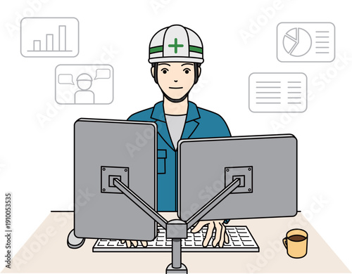 施工管理システムでデータ分析を行う現場監督の男性