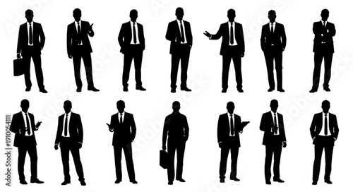 Silhouettes of businessmen in suits with briefcases and documents.