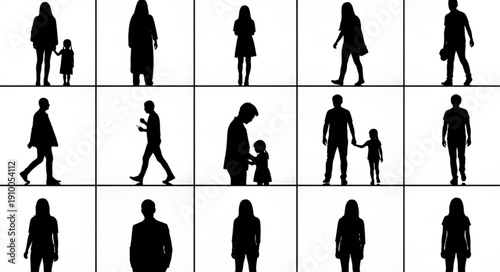 Silhouettes of people walking and standing against a white background.