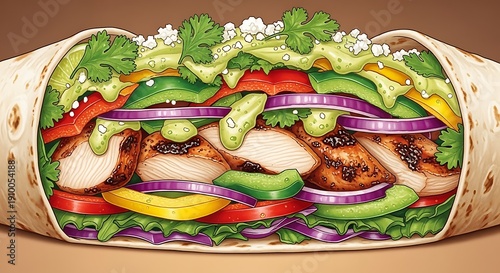 Close up of a colorful burrito filled with vegetables and chicken