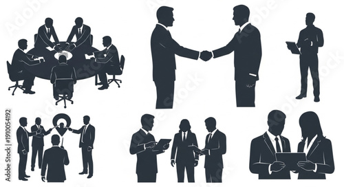 Business People Silhouettes Meeting Handshake and Discussion.