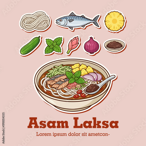 Traditional Penang Asam Laksa spicy and sour fish noodle soup with mackerel, pineapple and torch ginger flower vector illustration