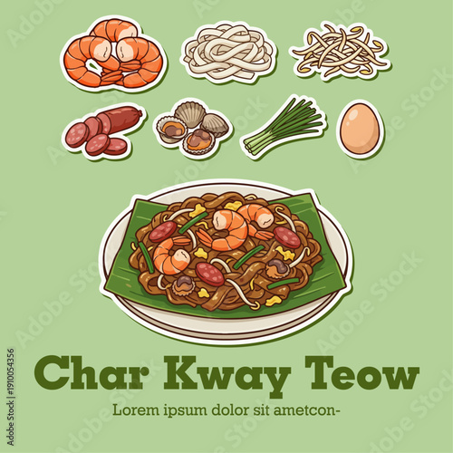 Traditional Penang Char Kway Teow fried flat rice noodles with prawns, cockles, chinese sausage and bean sprouts vector illustration