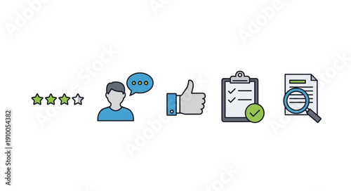 Customer feedback icons including stars, person, thumbs up, checklist, and search.