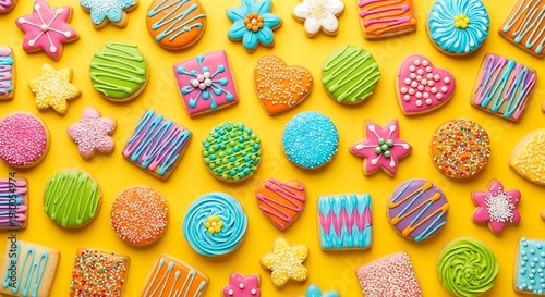 Colorful decorated cookies arranged on yellow surface overhead view
