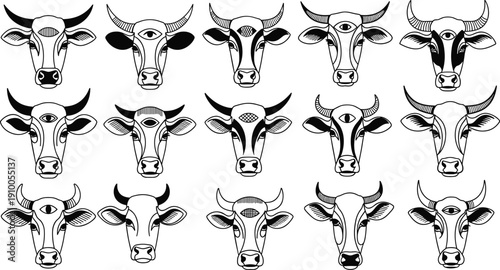 Cow head silhouette icon set with horns and third eye symbol, black and white tribal farm animal logo collection isolated on white background.