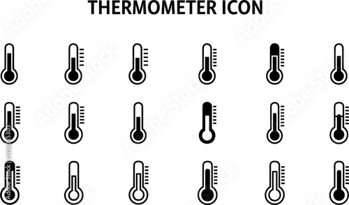 Collection of small thermometer icons in filled and outline styles showing various temperature levels for UI design.