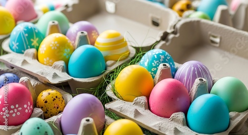 Colorful decorated eggs in cardboard carton for celebration and holiday