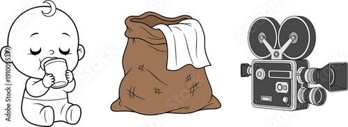 Cute baby drinking milk, burlap sack, and vintage film camera vector illustration set, isolated on white background, flat cartoon style for design projects