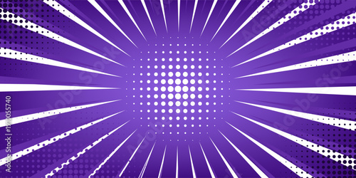 Purple anime explosion background with radial speed lines bursting from bright white center. Comic book halftone dots, dynamic motion effects for manga action scenes, superhero fights or energy blasts