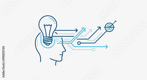Human head with a lightbulb and arrows representing ideas and innovation.