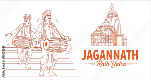 Traditional Jagannath Rath Yatra festival banner with temple line art and musicians playing dholak drums in orange vector