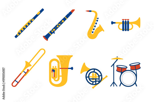 Minimalist flat vector icon set of musical instruments including flute, clarinet, saxophone, trumpet, trombone, tuba, French horn, and drums.