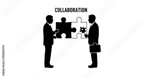 Two businessmen connecting puzzle pieces symbolizing collaboration and teamwork.