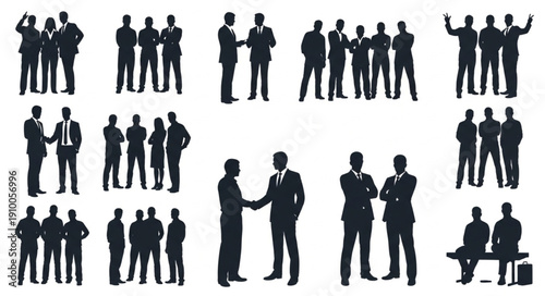 Silhouettes of business people in various poses and interactions.